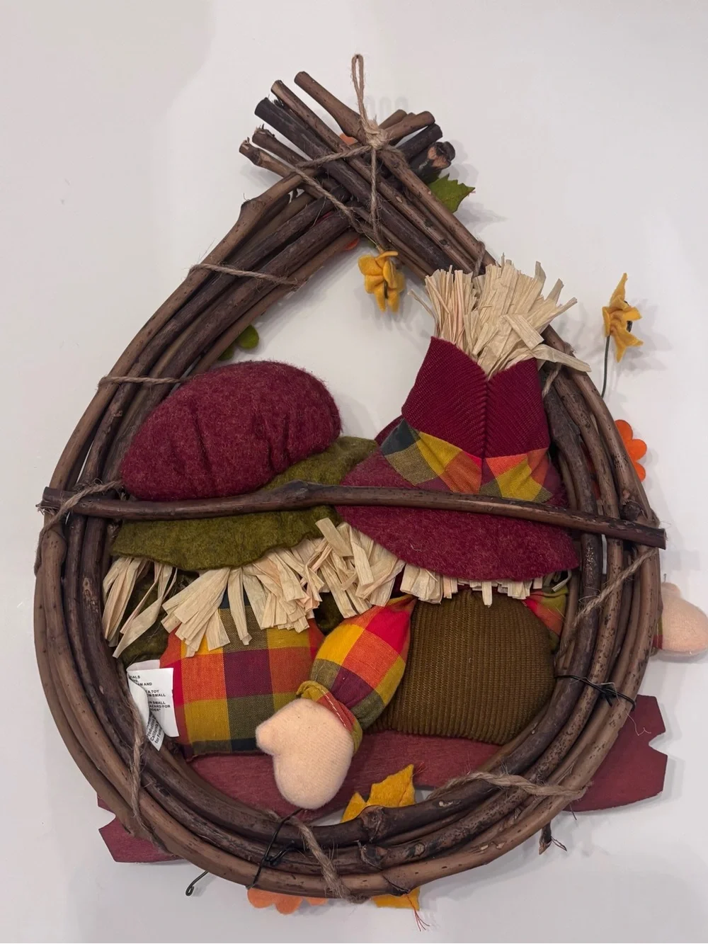 Harvest Time Fall Wreath with Burgundy & Olive Scarecrows